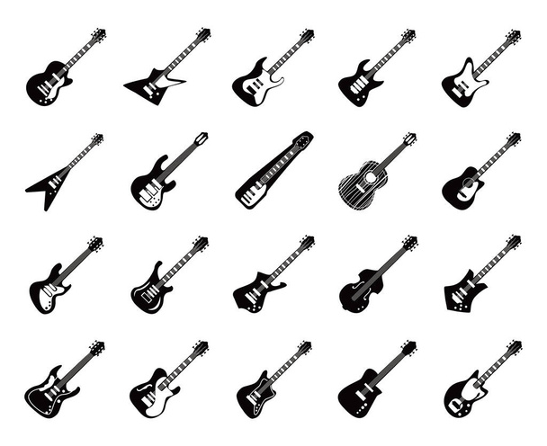 instrumentos de guitarras design vetorial coleção ícone estilo preto e branco - Vetor, Imagem