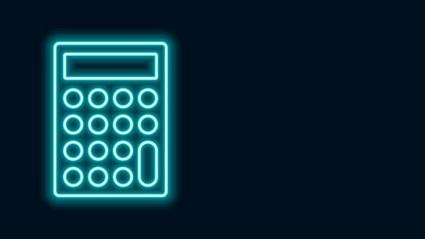 Gloeiende neon lijn Calculator pictogram geïsoleerd op zwarte achtergrond. Boekhoudkundig symbool. Bedrijfsberekeningen wiskunde onderwijs en financiën. 4K Video motion grafische animatie - Video