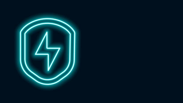 Glowing neon line Secure shield with lightning icon isolated on black background. Security, safety, protection, privacy concept. 4K Video motion graphic animation - Footage, Video