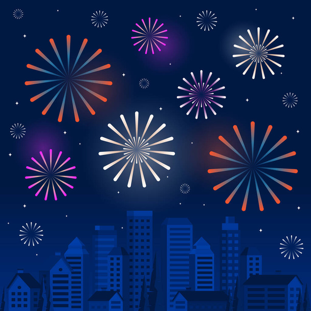 Miasto fajerwerki Szczęśliwego Nowego Roku kartka okolicznościowa Tło - Wektor, obraz