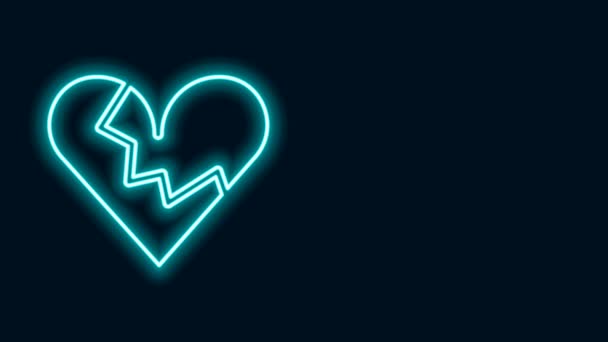 Parlayan neon hattı. Kırık kalp ya da boşanma ikonu. Siyah arka planda izole edilmiş. Aşk sembolü. Sevgililer Günü. 4K Video hareketli grafik canlandırması - Video, Çekim