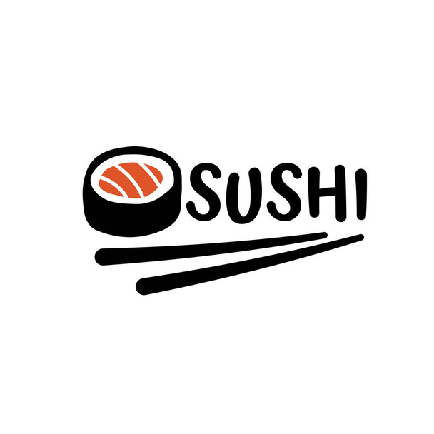 Sushi y rollos con barra de palillo o plantilla de logotipo de vectores de restaurante. Cocina tradicional japonesa o china, sabroso icono de la comida. Abstracto color negro y rojo para emblema asiático. - Vector, Imagen