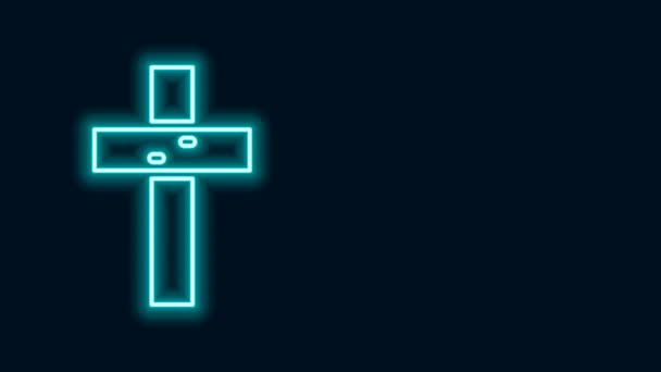 Светящаяся неоновая линия христианский крест икона изолированы на черном фоне. Церковный крест Видеографическая анимация 4K - Кадры, видео