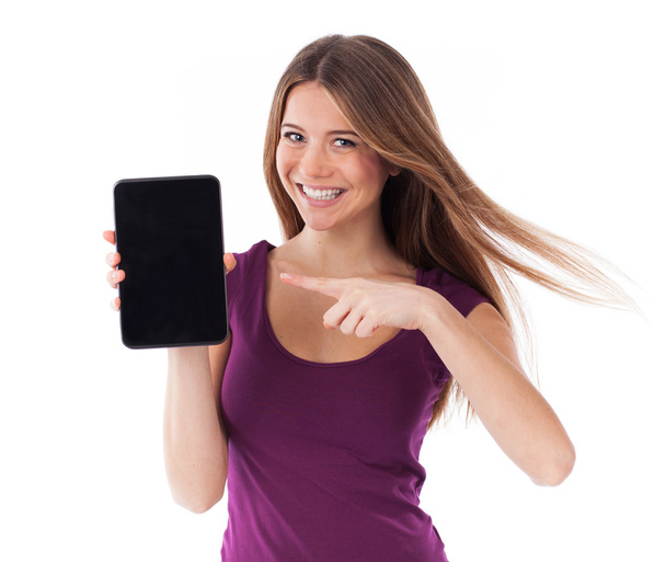 χαρούμενα γυναίκα δείχνει ένα touchpad - Φωτογραφία, εικόνα