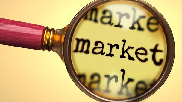 Examine y estudie el mercado, mostrado como una lupa y mercado de palabras para simbolizar el proceso de analizar, explorar, aprender y echar un vistazo más de cerca al mercado, ilustración 3d - Foto, Imagen