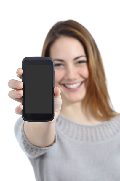 Funny woman showing a blank smart phone display - Photo, image