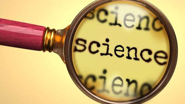 Examinar y estudiar la ciencia, se muestra como una lupa y la palabra ciencia para simbolizar el proceso de analizar, explorar, aprender y echar un vistazo más de cerca a la ciencia, la ilustración 3d - Foto, Imagen