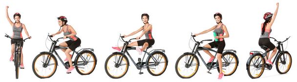Collage with young woman riding bicycle against white background - Photo, Image
