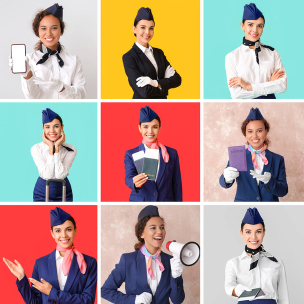 Collage of different beautiful stewardesses on color background - Photo, Image