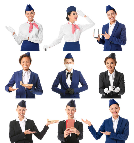 Collage of different beautiful stewardesses on white background - Photo, Image