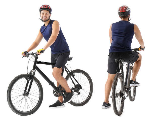 Collage with young man riding bicycle against white background - Fotografie, Obrázek