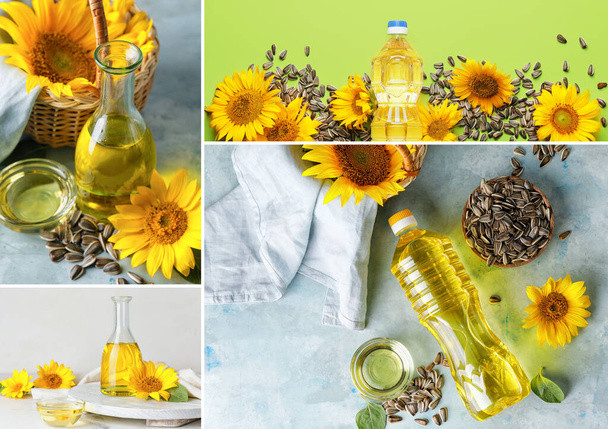 Collage met gezonde zonnebloemolie - Foto, afbeelding