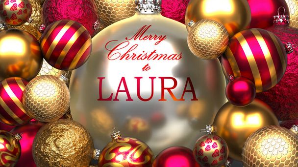 Weihnachtskarte für Laura zum Senden von Wärme und Liebe an ein liebes Familienmitglied mit glänzenden, goldenen Weihnachtskugeln und frohen Weihnachtswünschen an Laura, 3d Illustration - Foto, Bild