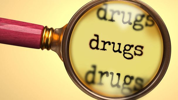 Examinar y estudiar las drogas, se muestra como una lupa y drogas palabra para simbolizar el proceso de analizar, explorar, aprender y echar un vistazo más de cerca a las drogas, ilustración 3d - Foto, imagen