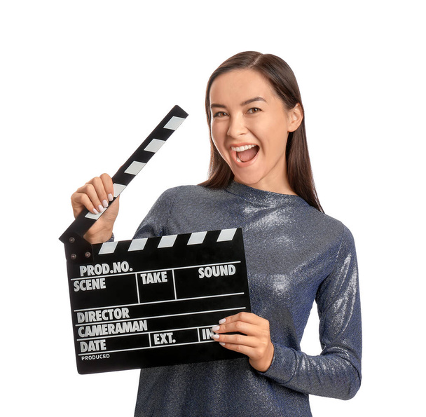 Fiatal női film rendező film tapsoló fehér háttér - Fotó, kép