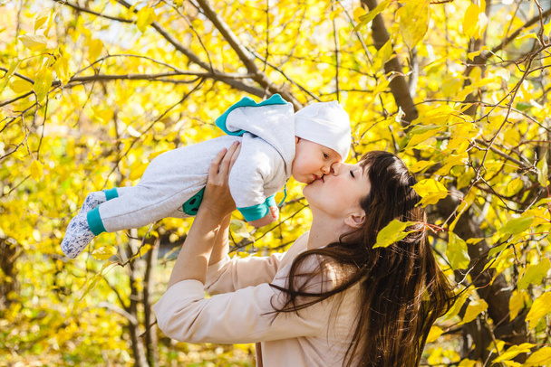 Mom with a baby, a small boy walks in the fall in the Park or forest. Yellow leaves, the beauty of nature. Communication between a child and a parent. - Foto, imagen