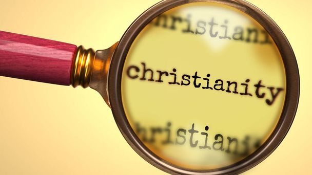 Onderzoek en studie christendom, toonde als een vergrootglas en woord christendom te symboliseren proces van het analyseren, verkennen, leren en het nemen van een nadere blik op het christendom, 3D-illustratie - Foto, afbeelding