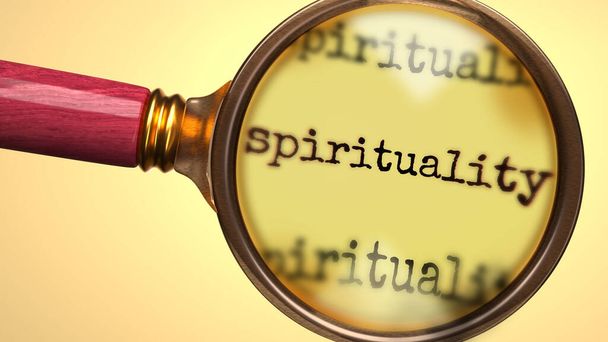 Onderzoek en studie spiritualiteit, toonde als een vergrootglas en woord spiritualiteit te symboliseren proces van analyseren, verkennen, leren en het nemen van een nadere blik op spiritualiteit, 3D-illustratie - Foto, afbeelding