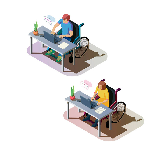 Invaliden in een rolstoel werken op de computer - Vector, afbeelding