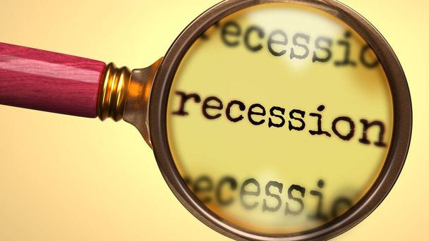 Onderzoek en studie recessie, toonde als een vergrootglas en woord recessie te symboliseren proces van het analyseren, verkennen, leren en het nemen van een nadere blik op de recessie, 3D illustratie - Foto, afbeelding