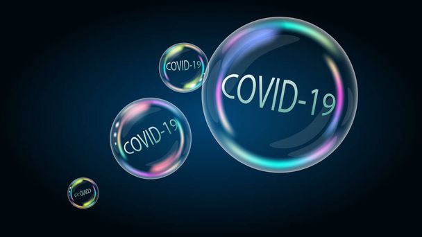 Covid-19 Coronavirus é um problema inchado na bolha de sabão. Notícias falsas irromperão em breve e serão destruídas. Vetor EPS10. - Vetor, Imagem