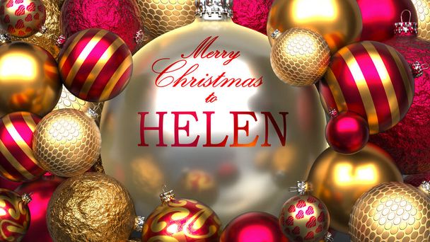 Weihnachtskarte für Helen, um Wärme und Liebe an ein liebes Familienmitglied mit glänzenden, goldenen Weihnachtskugeln und Frohe Weihnachten an Helen zu senden, 3d Illustration - Foto, Bild
