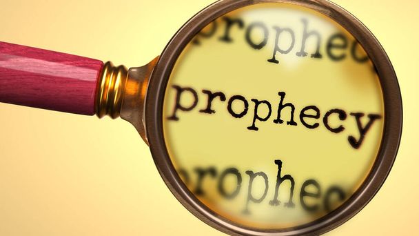 Onderzoek en studie profetie, toonde als een vergrootglas en woord profetie te symboliseren proces van het analyseren, verkennen, leren en het nemen van een nadere blik op profetie, 3D illustratie - Foto, afbeelding