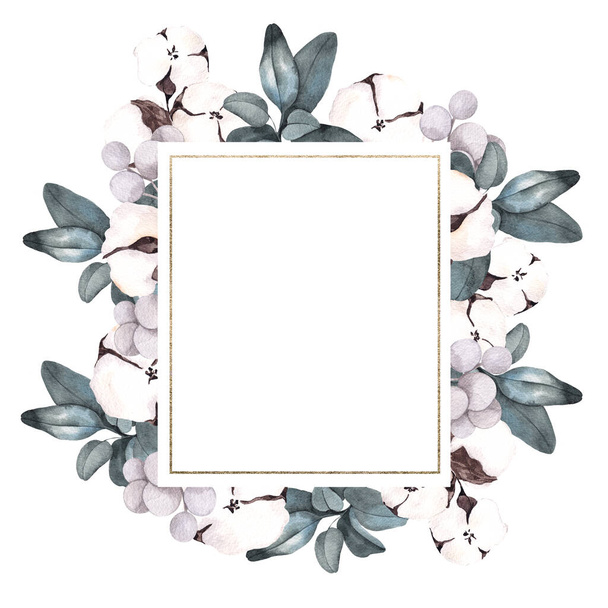 Christmas frame with winter flowers and leaves, isolated on white background - Fotoğraf, Görsel