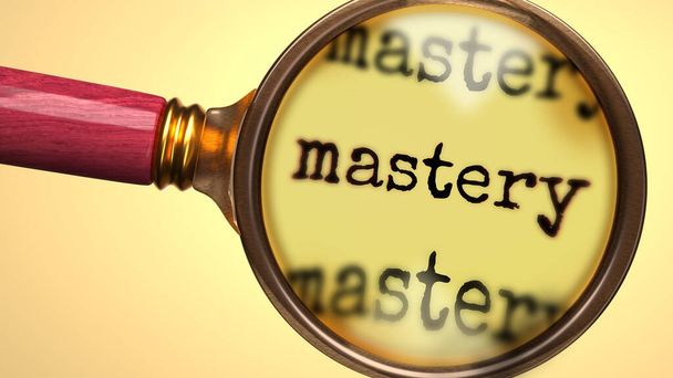 Examinar y estudiar la maestría, se muestra como una lupa y la palabra maestría para simbolizar el proceso de analizar, explorar, aprender y echar un vistazo más de cerca a la maestría, ilustración 3d - Foto, Imagen