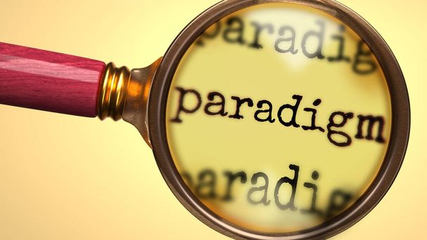 Examinar e estudar paradigma, mostrou-se como uma lupa e palavra paradigma para simbolizar o processo de análise, exploração, aprendizagem e ter um olhar mais atento sobre paradigma, ilustração 3d - Foto, Imagem
