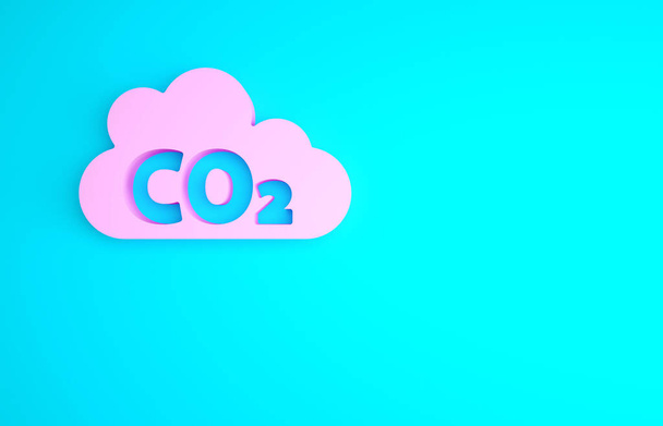 Emissioni di CO2 rosa nell'icona della nuvola isolata su sfondo blu. Formula anidride carbonica, concetto di inquinamento da smog, concetto di ambiente. Concetto minimalista. Illustrazione 3d rendering 3D. - Foto, immagini