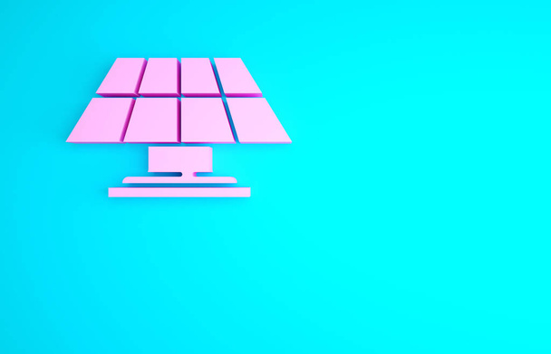 ピンクの太陽エネルギーパネルアイコンは青の背景に隔離されています。最小限の概念。3Dイラスト3Dレンダリング. - 写真・画像