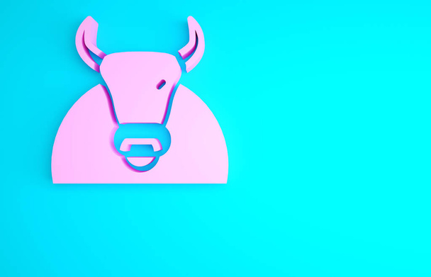 Иконка Pink Bull выделена на синем фоне. Испанский боевой бык. Концепция минимализма. 3D-рендеринг. - Фото, изображение