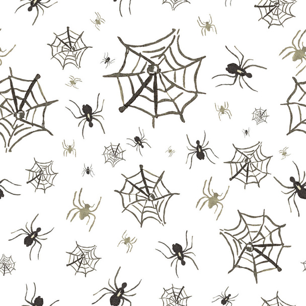 Бесшовный рисунок паутины и пауков на Хэллоуин. Акварельные иллюстрации вырезаны на белом фоне. Квадратная компоновка заставки для баннеров на обои, бумагу. - Фото, изображение