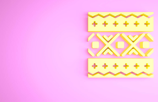 Padrão étnico ucraniano amarelo para ícone de bordado isolado no fundo rosa. Arte popular tradicional padrão de bordado de malha. Conceito de minimalismo. 3D ilustração 3D render. - Foto, Imagem