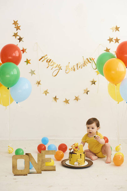 happy infant baby boy celebrating his first birthday - Fotó, kép