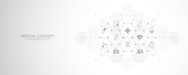 Medical background with flat icons and symbols. Template design with concept and idea for healthcare technology, innovation medicine, health, science, and research. - Vector, Image