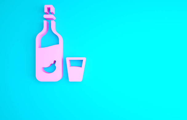 Розовая водка с перцем и стеклянной иконкой на синем фоне. Украинский национальный алкоголь. Концепция минимализма. 3D-рендеринг. - Фото, изображение