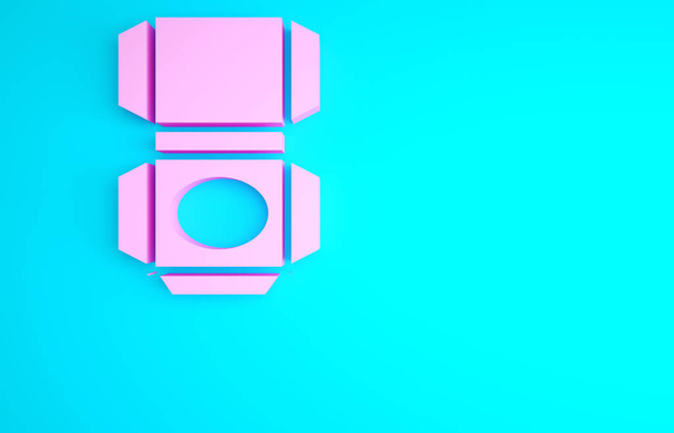 Ikona kartonowego pudełka w kolorze różowym, izolowana na niebieskim tle. Pudełko, paczka, znak paczki. Dostawa i pakowanie. Koncepcja minimalizmu. Ilustracja 3D 3D renderowania. - Zdjęcie, obraz
