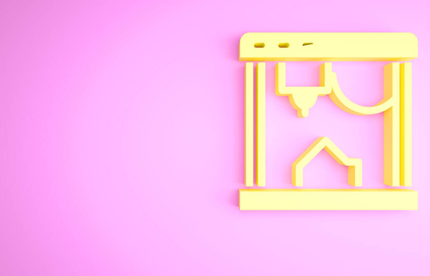 Gele 3D printer pictogram geïsoleerd op roze achtergrond. Minimalisme concept. 3d illustratie 3D renderen. - Foto, afbeelding