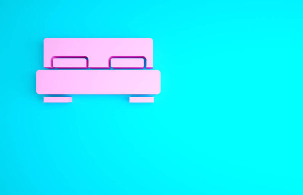 Roze Groot bed voor twee of één persoon pictogram geïsoleerd op blauwe achtergrond. Minimalisme concept. 3d illustratie 3D renderen. - Foto, afbeelding