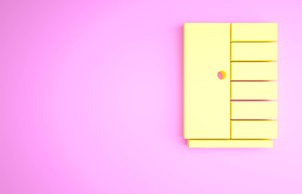 Żółta ikona szafy izolowana na różowym tle. Koncepcja minimalizmu. Ilustracja 3D 3D renderowania. - Zdjęcie, obraz