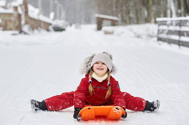 Portrait a cute caucasian child on a sleigh - Zdjęcie, obraz