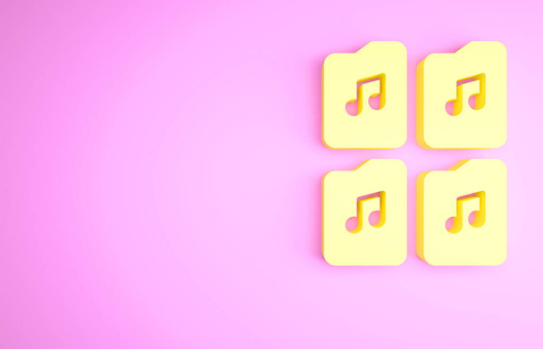 ピンクの背景に隔離された黄色の音楽ファイルのドキュメントアイコン。デジタルオーディオリフファイルの波形オーディオファイル形式。最小限の概念。3Dイラスト3Dレンダリング. - 写真・画像