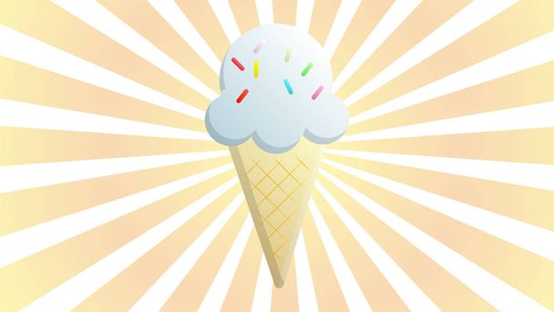 Ice Cream Waffle Cone Inverted Retro Style Sign over Sunburst Rays - White Elements on Turquoise Striped Background - Vector Hand Drawn Design - Вектор, зображення