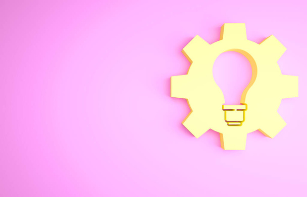 Lampadina gialla e icona ingranaggio isolato su sfondo rosa. Concetto di innovazione. Idea imprenditoriale. Concetto minimalista. Illustrazione 3d rendering 3D. - Foto, immagini