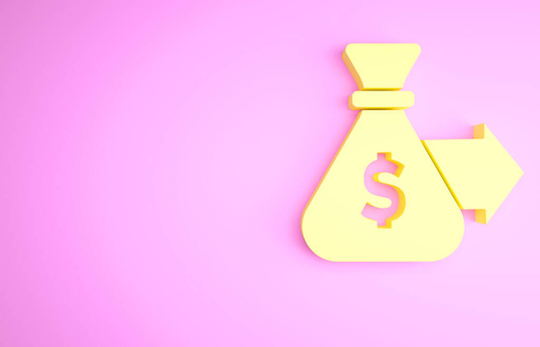 Жовтий значок сумки ізольований на рожевому фоні. Символ долара або доларів США. Валютний знак готівкою. Концепція мінімалізму. 3D ілюстрація 3D рендеринга
. - Фото, зображення