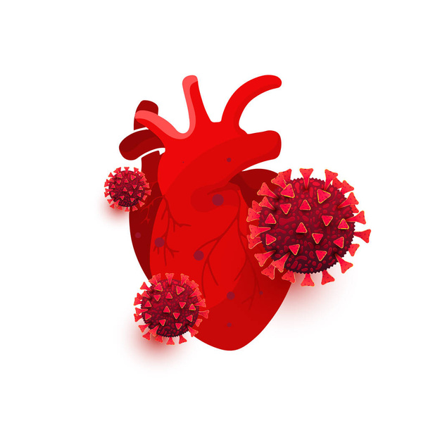 Коронавирус, ковид 19 опасных клеток инфицировать сердечный орган изолированы на белом фоне - Вектор,изображение