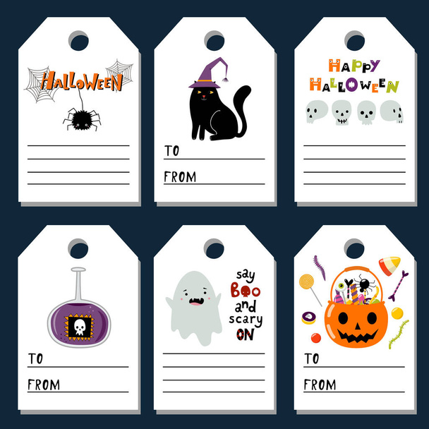 Set of Halloween gift tags. Trick or treat party, bucket full of sweets. Black cat, spider, ghost, skull. Lettering. Isolated spooky elements. Vector illustration. Printable seasonal labels templates. - Wektor, obraz