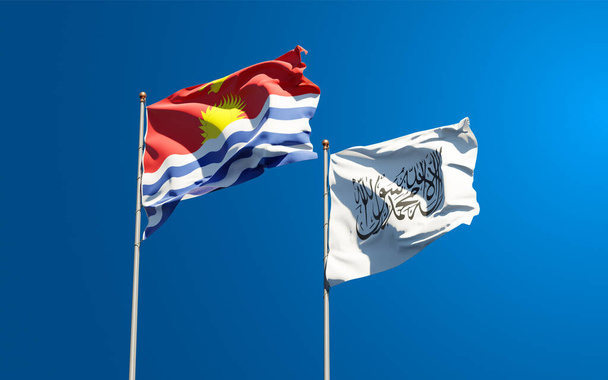 Kiribati és Tálibán gyönyörű nemzeti zászlói együtt az égbolton. 3D-s művészeti koncepció. - Fotó, kép